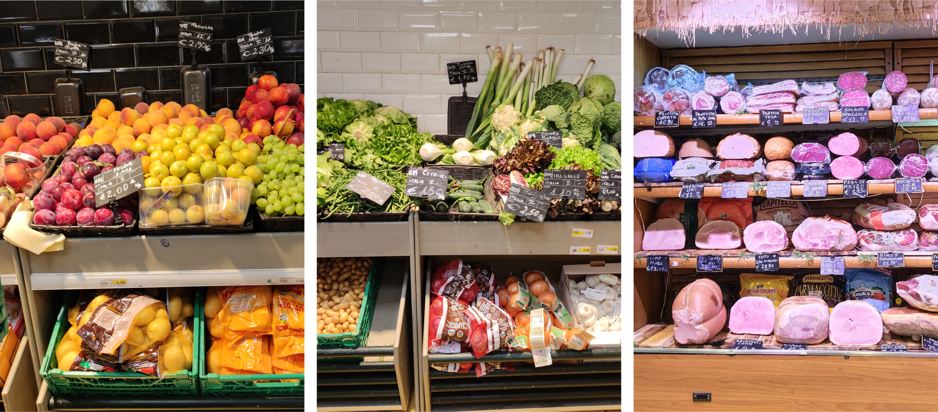 Ilustracja składa się z trzech zdjęć. Zdjęcie po lewej przedstawia stoisko z różnymi owocami w sklepie. Widoczne są np. brzoskwinie, winogrona. Na środkowym zdjęciu znajduje się stoisko z różnymi warzywami np. sałaty, kapusta, por, ziemniaki, czosnek. Na zdjęciu po prawej widoczny jest regał z różnymi rodzajami wędlin. Widoczne są różne rodzaje szynek.