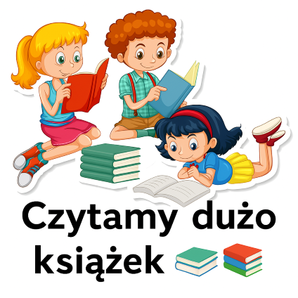 Grafika przedstawia troje dzieci czytających książki. Dwoje siedzi na podłodze, jedna dziewczynka leży na brzuchu. Każde dziecko ma przed sobą książkę, a między nimi stoi równy stos książek w zielonych okładkach. Pod spodem napis: Czytamy dużo książek. 