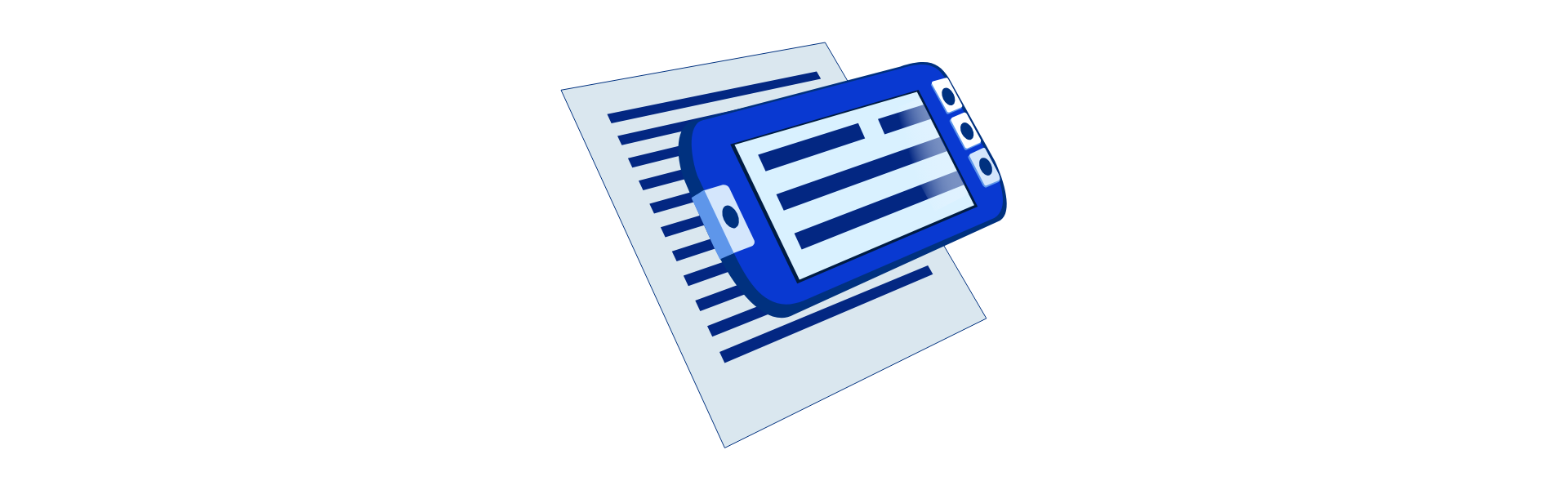 Grafika przedstawia lupę elektroniczną nad kartką ze schematycznym tekstem. Lupa ma formę przypominającą tablet. Posiada ekran i przyciski po obu stronach obudowy.