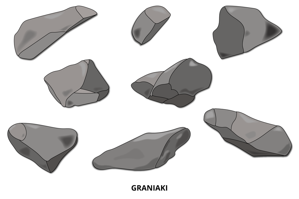 Ilustracja przedstawia osiem kamieni - mają wygładzone ściany, ale ostre krawędzie. 