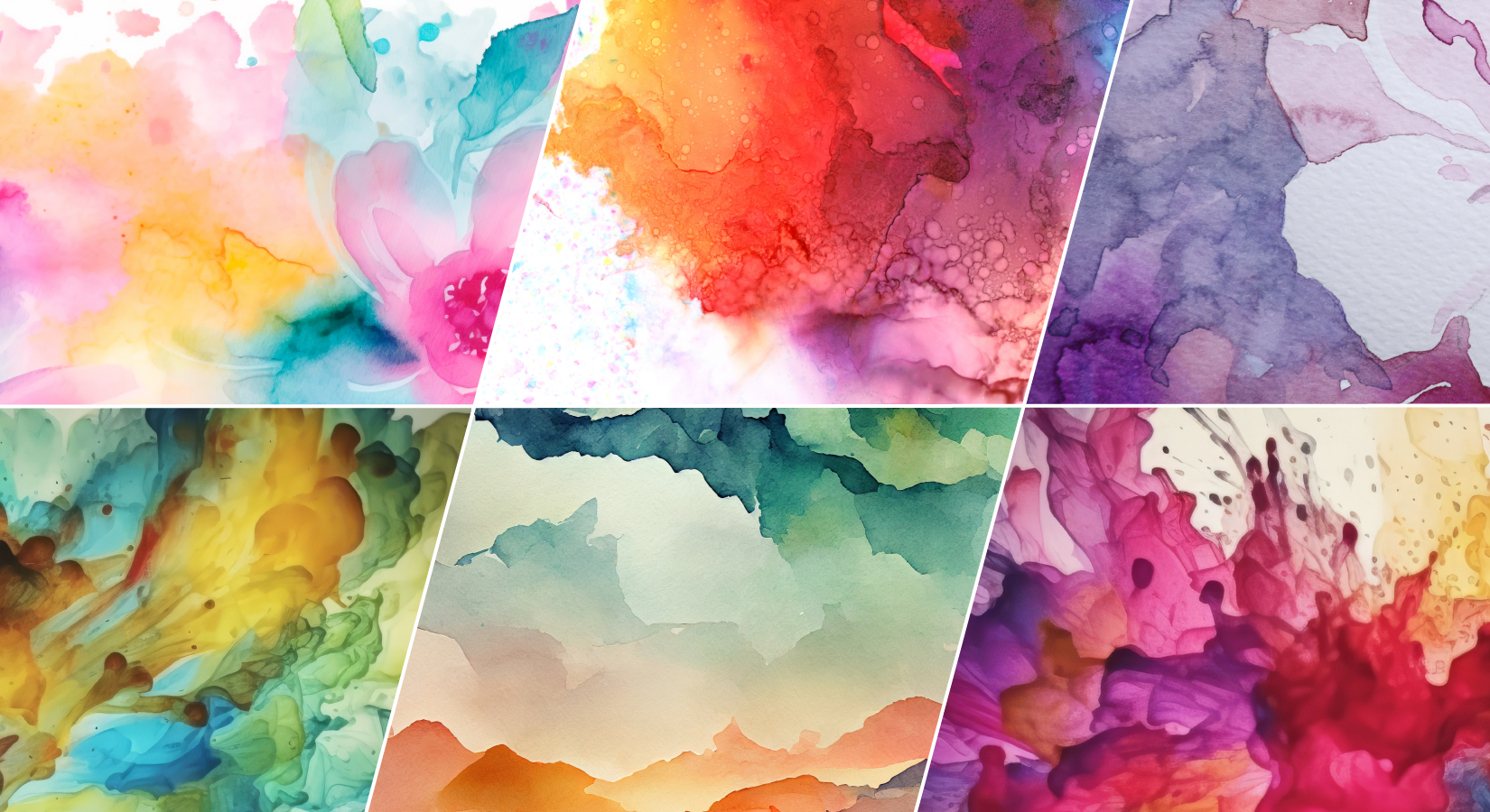 Fotokolaż przedstawiający przykładowe prace wykonane technika akwareli. Wszystkie sześć dzieł to abstrakcje.