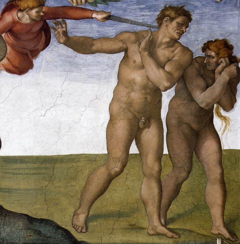 Na ilustracji znajduje się fresk Michała Anioła Buonarottiego pt. „Wygnanie z Raju”. Na fresku przedstawiona jest scena wygnania Adama i Ewy z Raju. Ich twarze wyrażają smutek i ból. Postacie są nagie, Ewa kuli się przestraszona za Adamem. Adam wyciąga ręce bok w geście odsunięcie od siebie miecza, którym Anioł popycha wygnańców. Kolorystyka ciał jest ciemna, stanowi kontrast do jasnego nieba i zgaszonej zieleni ziemi.