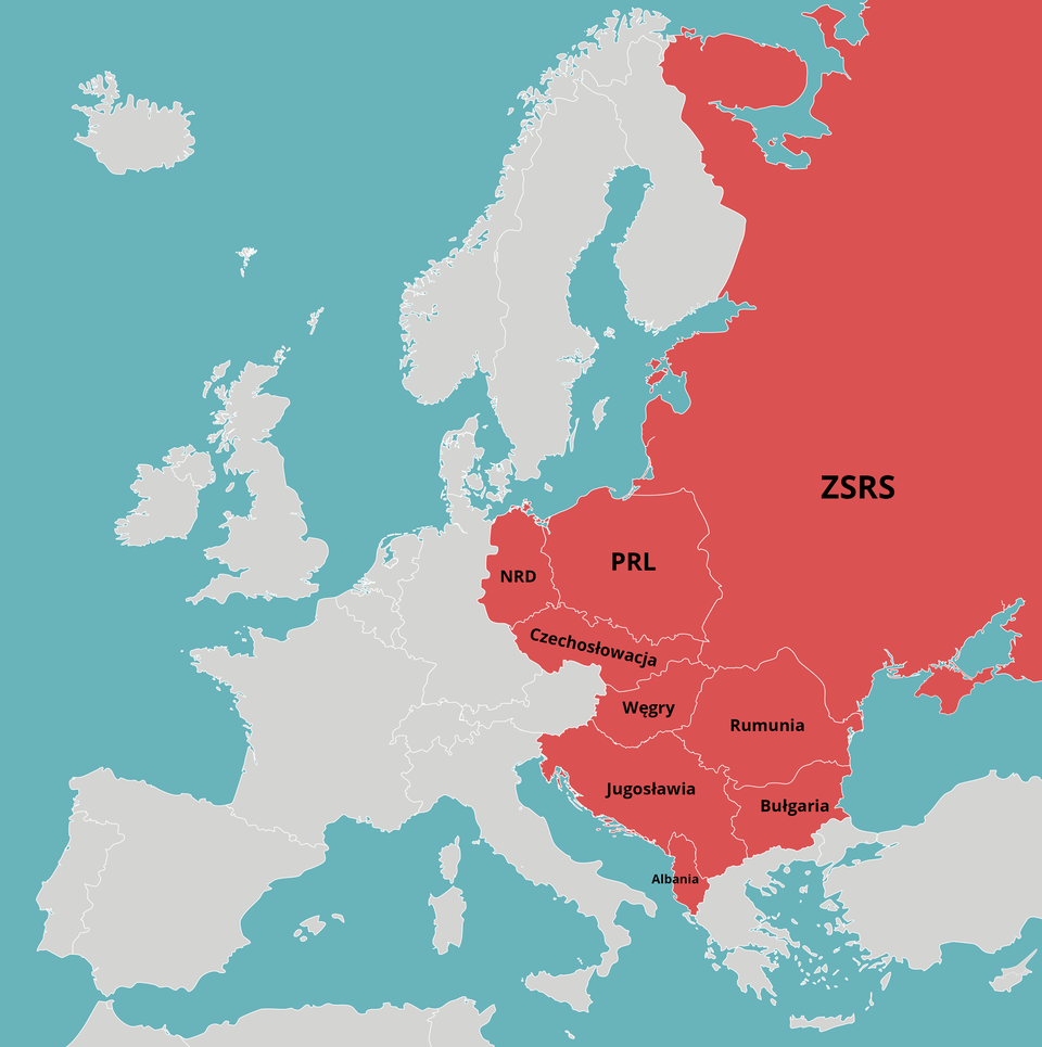 Mapa Europy przedstawia państwa bloku wschodniego: NRD, PRL, Czechosłowację, Węgry, Jugosławię, Albanię, Rumunię i Bułgarię oraz ZSRS.