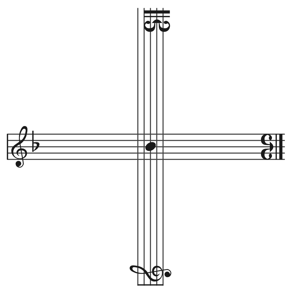 Figura w kształcie krzyża, która prezentuje 4 dźwięki, klucze i grupę.