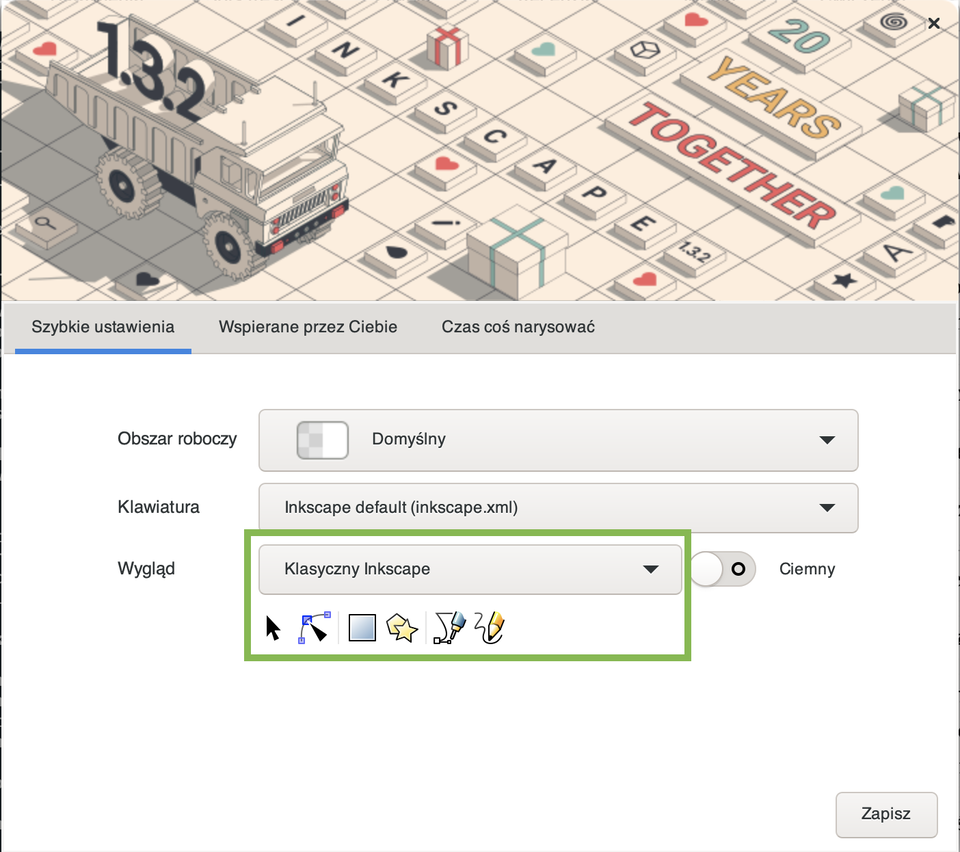 Grafika przedstawia okno szybkich ustawień, gdzie wybrać można obszar roboczy, klawiaturę oraz wygląd wraz z motywem interfejsu. Wybrany został domyślny obszar roboczy. Klawiatura domyślna oraz wygląd klasyczny inkscape. Ustawiony motyw to motyw jasny.