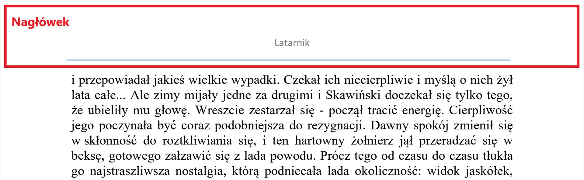 Zrzut ekranu zaznacza nagłówek, w którym znajduje się informacja o autorze Latarnika - Henryku Sienkiewiczu. 