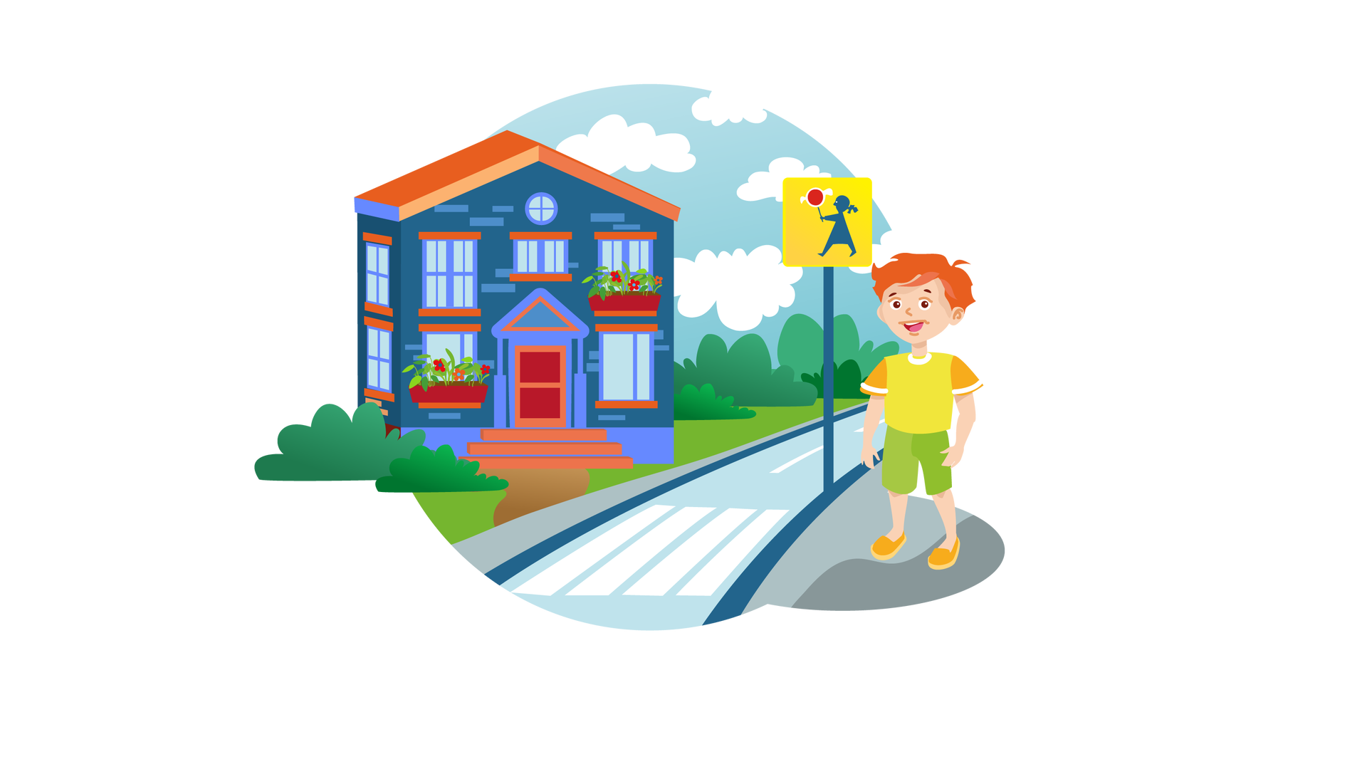 Ilustracja przedstawia miejski krajobraz. W tle widać błękitne niebo z białymi chmurami. Po lewej stronie stoi budynek szkoły. Ma ciemnoniebieskie ściany, pomarańczowy dach, bordowo‑pomarańczowe drzwi, do których prowadzą pomarańczowe schody, oraz duże okna. Na parapecie dolnego lewego okna, obok drzwi wejściowych, stoi bordowa skrzynka z kwiatami. Druga taka sama jest na parapecie prawego okna, znajdującego się na piętrze. Budynek jest otoczony zieloną trawą i licznymi krzewami, prowadzi do niego brązowa ścieżka. Na środku ilustracji widać przed budynkiem fragment ulicy z przejściem dla pieszych. Przy przejściu stoi żółty znak drogowy przedstawiający dziecko idące z uniesionym do góry biało‑czerwonym lizakiem drogowym. Znak ten informuje o przejściu dla pieszych szczególnie uczęszczanym przez dzieci. Obok znaku, na szarym chodniku, stoi Franek, który się uśmiecha.