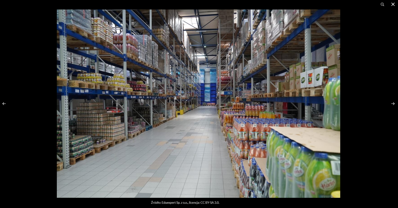Widok na okno galerii. W centrum zdjęcie przedstawiające magazyn towarów spożywczych. Po lewej i prawej strony regały z towarami, po środku wykafelkowana alejka. Pod zdjęciem podpis: “Źródło: Eduexpert Sp. z o.o., licencja CC‑BY‑SA trzy zero”. Na lewym i prawym skraju ekranu znajdują się strzałki służące do przeglądania zdjęć w galerii. W lewym, górnym rogu jest informacja o tym, które zdjęcie jest aktualnie wyświetlane: “pierwsze z dwudziestu czterech”. W prawym, górnym rogu znajduje się pasek z przyciskami funkcyjnymi. Pierwsza ikona w postaci szkła powiększającego z plusem w środku służy do powiększania zdjęcia. Druga ikona w formie prostokąta o przerywanych bokach służy do uruchomienia trybu pełnoekranowego. Trzecia ikona w postaci wygiętej strzałki zwróconej w prawo służy do umieszczenia zdjęcia na portalach społecznościowych lub do pobrania pliku. Czwarta ikona to iks. Służy do zamknięcia okna galerii. 