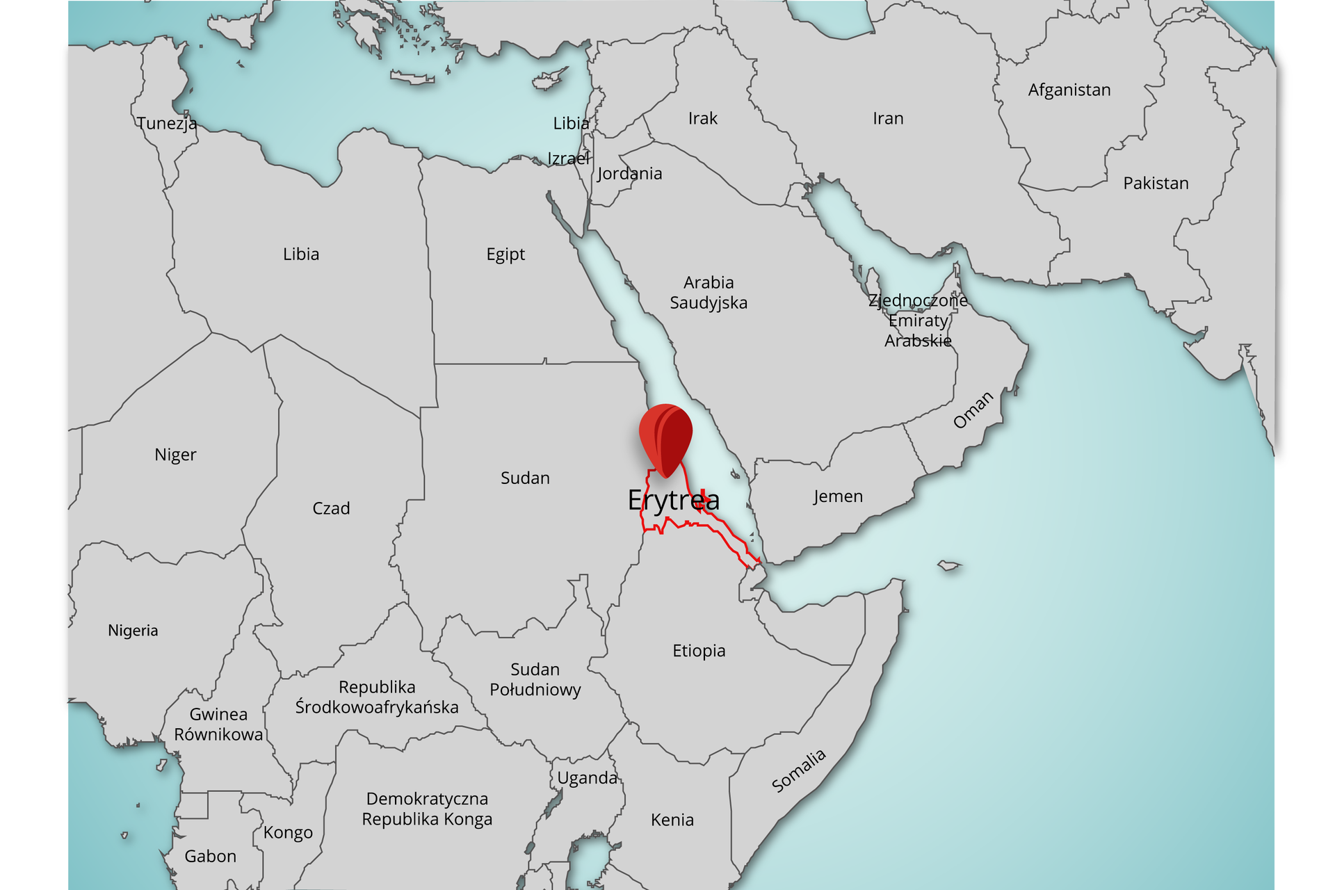 Mapa przedstawia państwo Erytreę w Afryce, mające swoją stolicę w Asmarze.