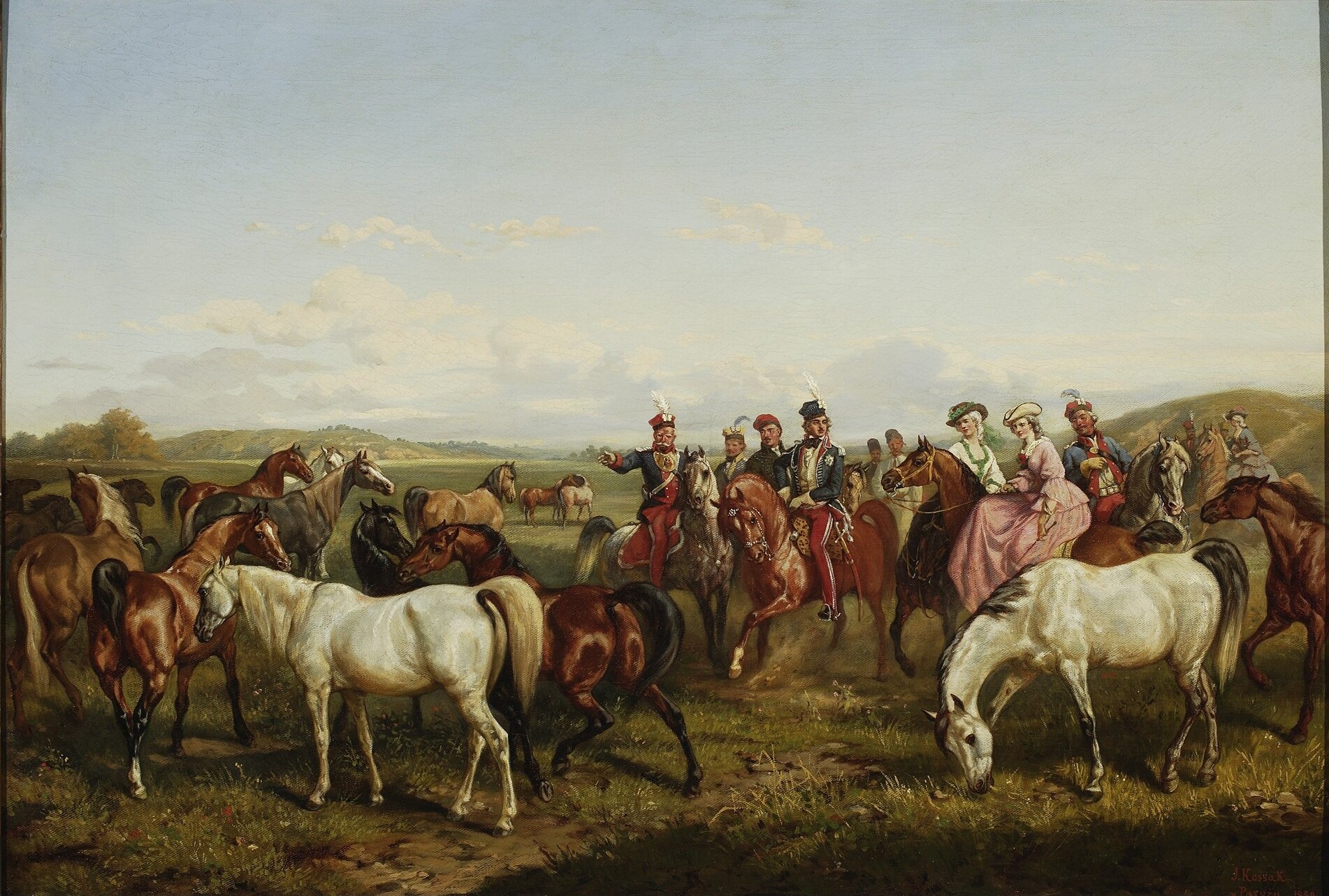 Obraz przedstawia łąkę, na której pasą się konie. Wśród nich znajduje się grupa elegancko ubranych ludzi na koniach. W tle znajduje się prawie bezchmurne niebo.