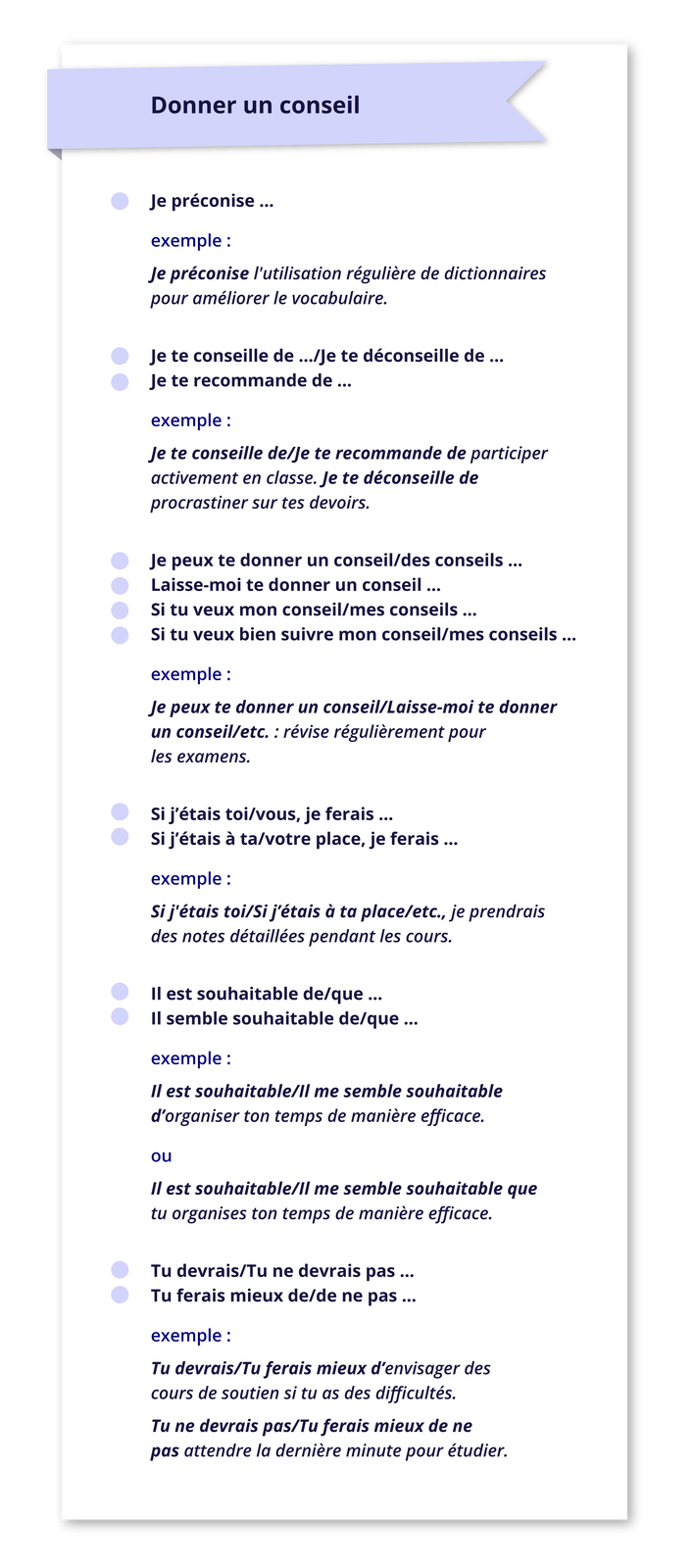 Grafika zatytułowana Donner un conseil zawiera informacje tekstowe.Je préconise ... exemple : Je préconise l'utilisation régulière de dictionnaires pour améliorer le vocabulaire.  Je te conseille de .../Je te déconseille de ...  Je te recommande de ... exemple: Je te conseille de/Je te recommande de participer activement en classe. Je te déconseille de procrastiner sur tes devoirs.  Je peux te donner un conseil/des conseils ...  Laisse‑moi te donner un conseil ...  Si tu veux mon conseil/mes conseils ...  Si tu veux bien suivre mon conseil/mes conseils ... exemple : Je peux te donner un conseil/Laisse‑moi te donner un conseil/etc. : révise régulièrement pour les examens.  Si j'étais toi/vous, je ferais ...  Si j'étais à ta/votre place, je ferais... exemple : Si j'étais toi/Si j'étais à ta place/etc., je prendrais des notes détaillées pendant les cours.  Il est souhaitable de/que ...  Il semble souhaitable de/que... exemple : Il est souhaitable/ll me semble souhaitable d'organiser ton temps de manière efficace. ou Il est souhaitable/ll me semble souhaitable que tu organises ton temps de manière efficace.  Tu devrais/Tu ne devrais pas ...  Tu ferais mieux de/de ne pas ... exemple: Tu devrais/Tu ferais mieux d'envisager des cours de soutien si tu as des difficultés. Tu ne devrais pas/Tu ferais mieux de ne pas attendre la dernière minute pour étudier.