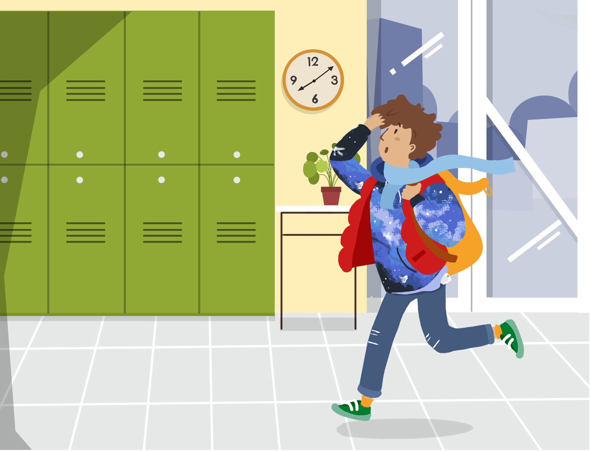 Grafika przedstawia chłopca wbiegającego w pośpiechu do szkoły. Chłopiec jest spóźniony. 