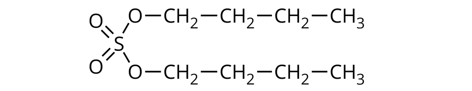 Ilustracja przedstawia wzór półstrukturalny siarczanu(sześć) dibutylu zbudowanego z atomu siarki połączonego za pomocą wiązań podwójnych z dwoma atomami tlenu oraz za pomocą wiązań pojedynczych z dwoma atomami tlenu, z których każdy podstawiony jest grupą butylową C H indeks dolny, dwa, koniec indeksu dolnego, C H indeks dolny, dwa, koniec indeksu dolnego, C H indeks dolny, dwa, koniec indeksu dolnego, C H indeks dolny, trzy, koniec indeksu dolnego.