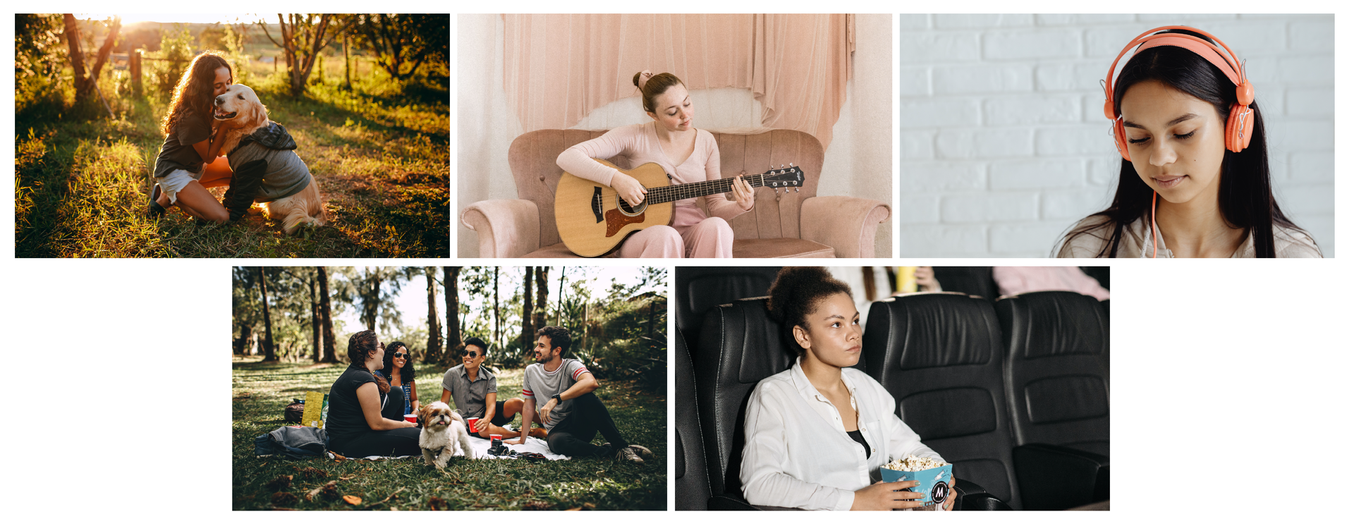 Ilustracja składa się z pięciu zdjęć osób spędzających wolny czas. W górnym rzędzie od lewej znajduje się dziewczyna na spacerze z psem w lesie, na środkowym zdjęciu dziewczyna gra na gitarze, a po prawej ma słuchawki na uszach i słucha muzyki. Na zdjęciu poniżej z lewej grupa czworga znajomych siedzi na kocu gdzieś na pikniku w lesie. Razem z nimi leży pies. Na zdjęciu po prawej znajduje się dziewczyna siedząca w fotelu kinowym. W rękach trzyma pojemnik z popcornem.