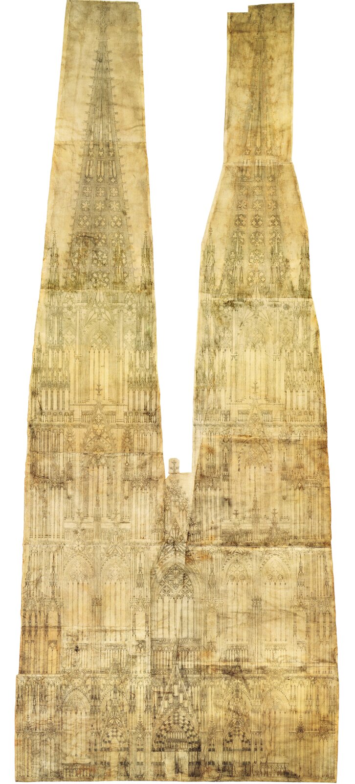 Fotografia przedstawia Rysunek F (niem. Riß F), który jest średniowiecznym projektem zachodniej części fasady katedry św. Piotra i Najświętszej Marii Panny w Kolonii w Niemczech.