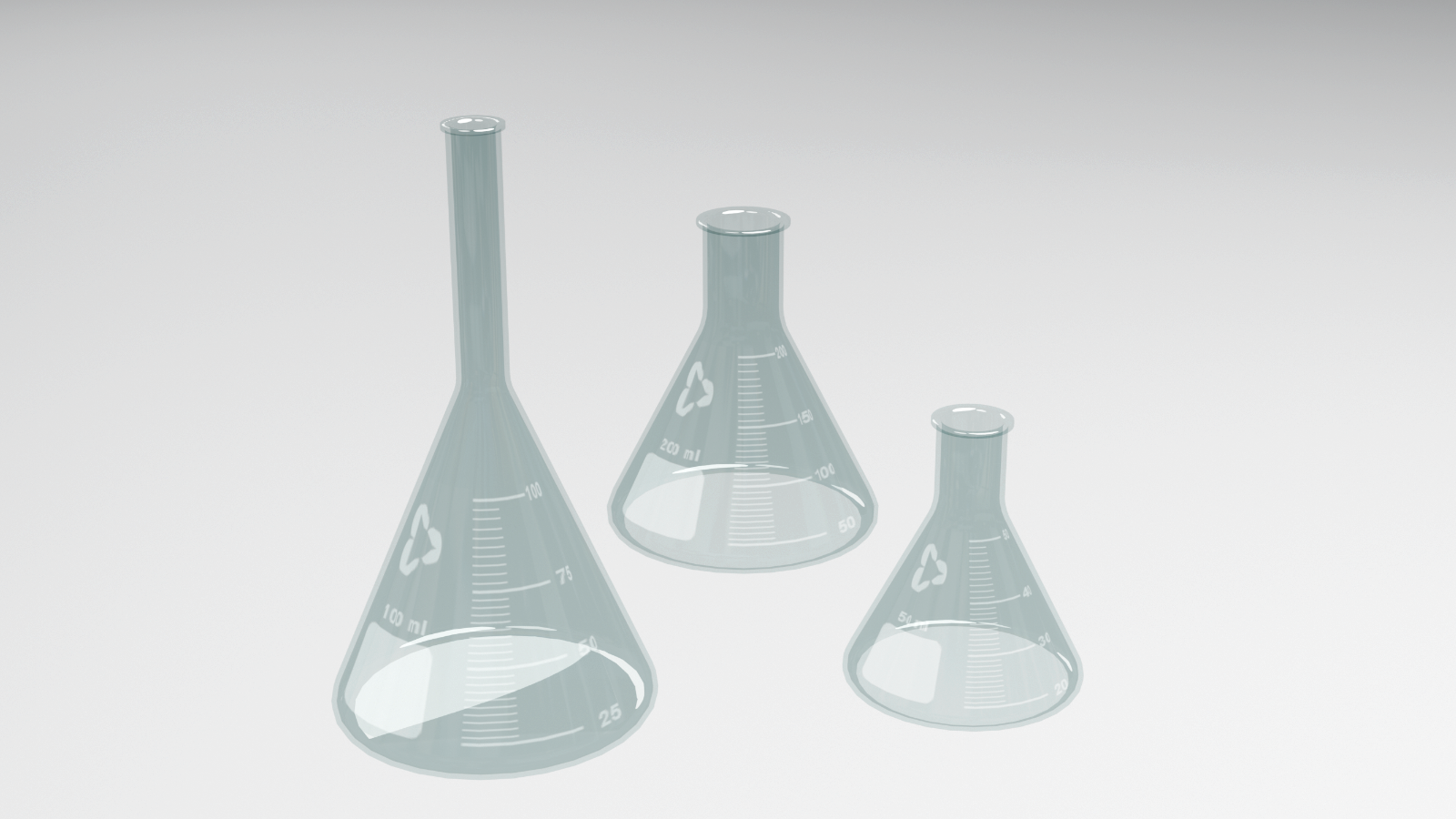 Na zdjęciu przedstawione się trzy kolby stożkowe o pojemności dwustu, stu i pięćdziesięciu mililitrów.