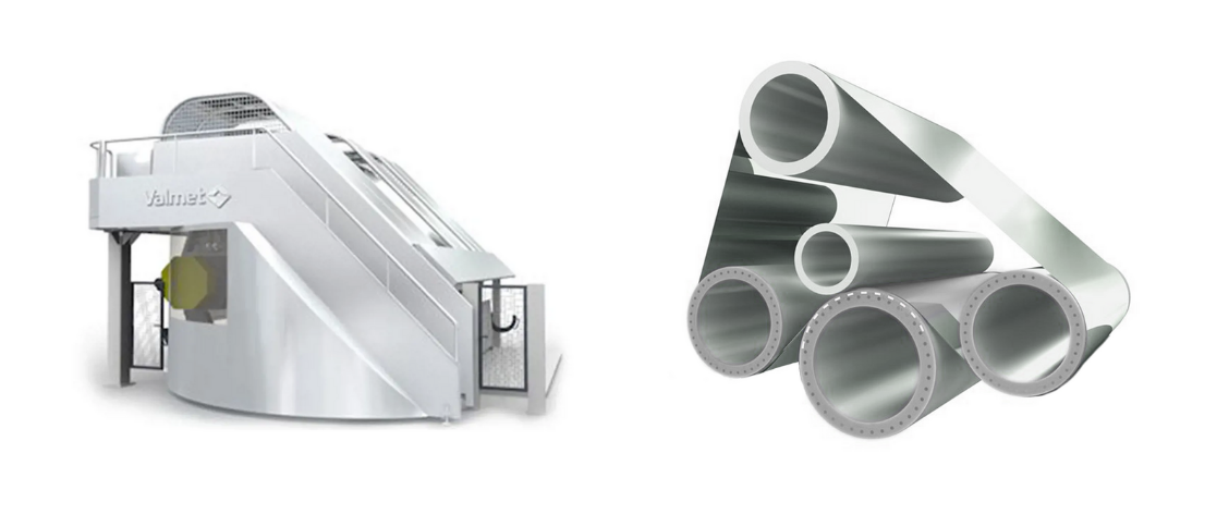 Ilustracja składa się z dwóch zdjęć softkalandera. Po lewej stronie widoczny jest widok softkalandera z boku, a po prawej stronie przekrój elementu roboczego. Widoczne jest pięć walców w układzie trzy na dole, jeden na górze między pierwszym a drugim i jeden na górze, w niewielkiej odległości od pozostałych. Od dolnych walców zewnętrznych biegnie taśma, która obejmuje najwyższy walec.