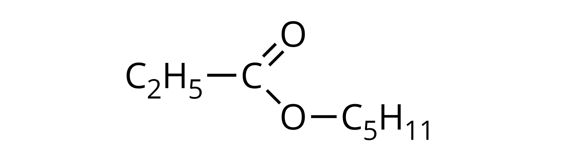 Na ilustracji jest wzór półstrukturalny. Opis od lewej strony: grupa C indeks dolny 2 H indeks dolny 5 połączona jest wiązaniem pojedynczym z atomem węgla, który łączy się z dwoma atomami tlenu: z jednym wiązaniem podwójnym, z drugim atomem wiązaniem pojedynczym. Drugi atom tlenu łączy się wiązaniem pojedynczym z grupą C indeks dolny 5 H indeks dolny 11.   