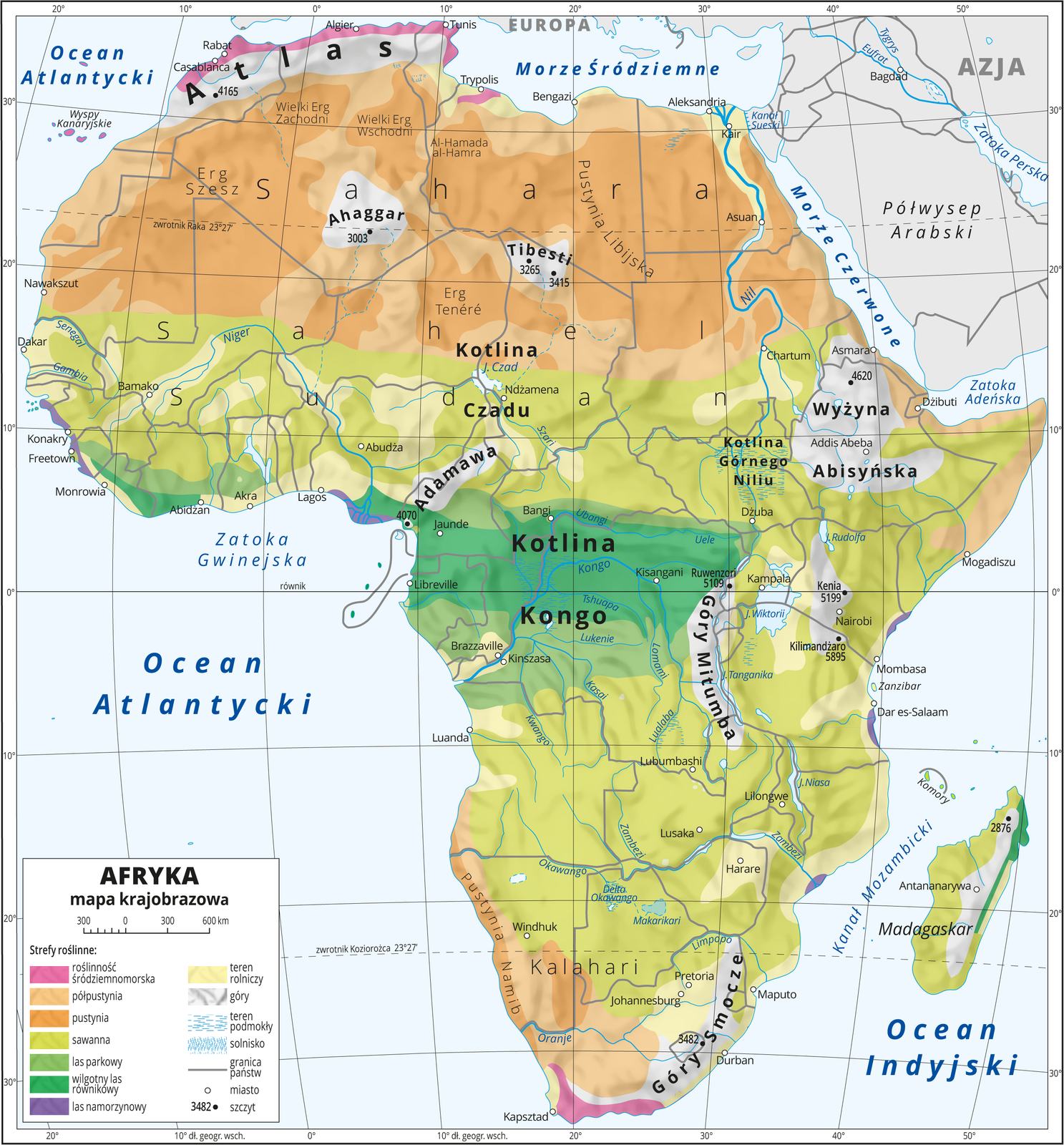 Ilustracja przedstawia mapę krajobrazową Afryki. Na mapie uwzględniono następujące strefy roślinne: roślinność śródziemnomorska, półpustynia, pustynia, sawanna, las parkowy, wilgotny las, równikowy, las namorzynowy. Strefy roślinności układają się pasami, wzdłuż równika – las równikowy w Kotlinie Kongo, dalej na północ i południe: lasy parkowe, sawanny, półpustynie i pustynie. Góry oznaczone kolorem szarym, obszary rolnicze – kolorem żółtym (głównie wzdłuż rzek). Morza niebieskie. Na mapie opisano nazwy nizin, wyżyn i pasm górskich, mórz, zatok, rzek i jezior. Oznaczono i opisano główne miasta. Oznaczono czarnymi kropkami i opisano szczyty górskie. Mapa pokryta jest równoleżnikami i południkami. Dookoła mapy w białej ramce opisano współrzędne geograficzne co dziesięć stopni. W legendzie umieszczono i opisano znaki użyte na mapie.