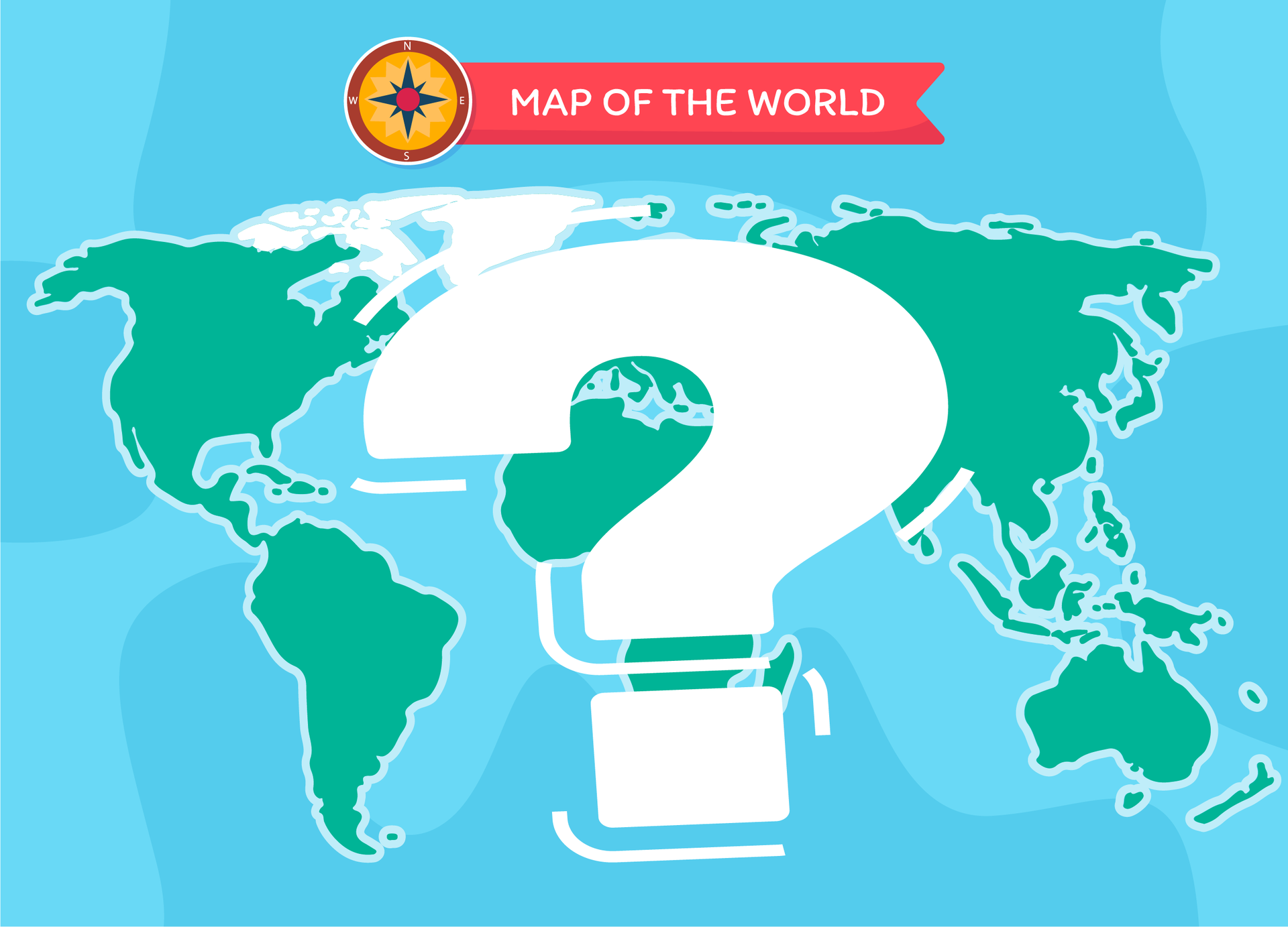Ilustracja przedstawia niebieską mapę z zielonymi kontynentami. Na mapie znajduje się wielki, biały znak zapytania. Nad mapą umieszczono ikonkę kolorowego kompasu i czerwony baner z białym napisem:  Map of the world  