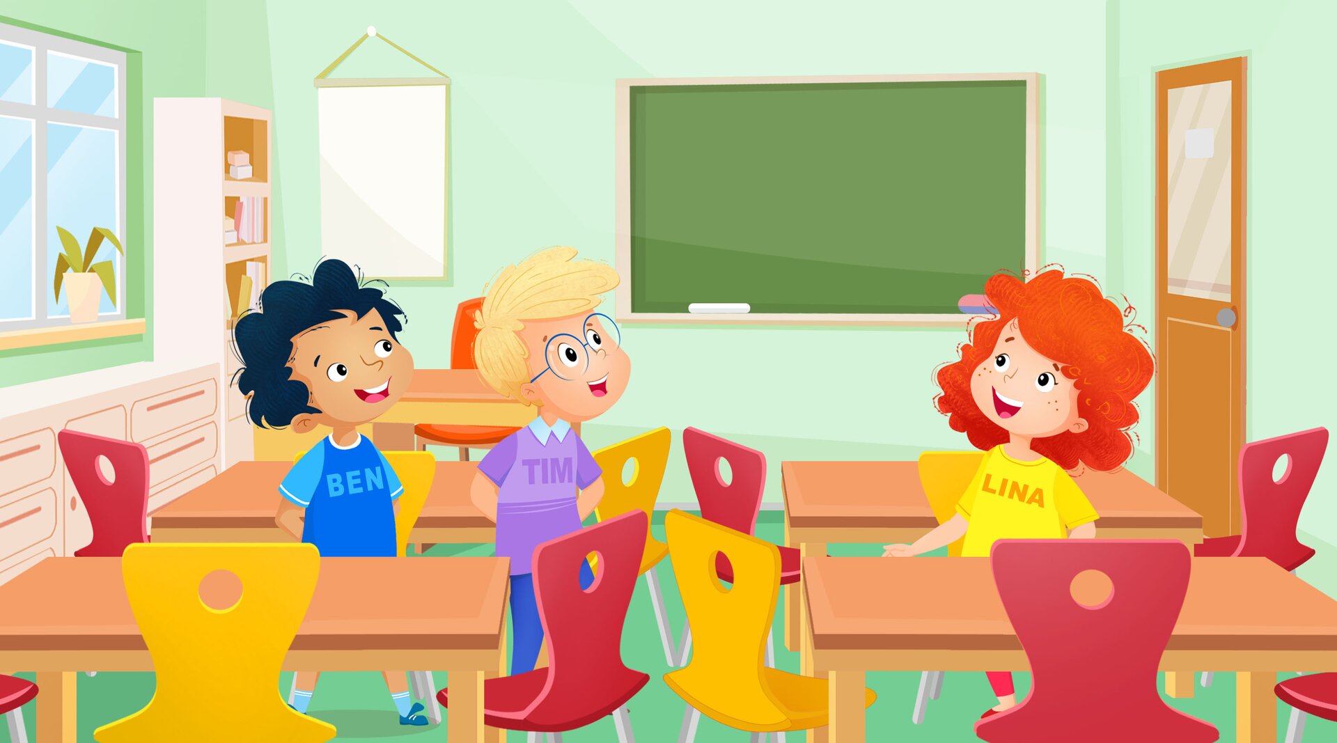 Na ilustracji Ben, Tim, Lina stoją razem w sali lekcyjnej między ławkami. W sali wisi tablica, stoi regał i szafki.