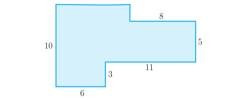 Ilustracja przedstawia figurę zbudowaną z prostokąta z wyciętymi dwoma prostokątami. Cały prostokąt miał wymiary dziesięć na siedemnaście. Odcięto z niego dwa prostokąty, pierwszy o wymiarach trzy na jedenaście oraz drugi dwa na osiem. 