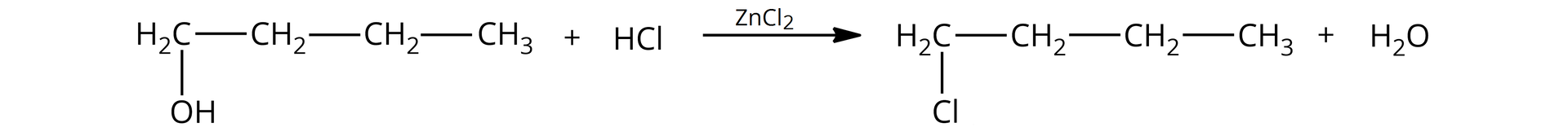 Na ilustracji znajduje się równanie reakcji: <math aria‑label="H O — C H indeks dolny, dwa, koniec indeksu dolnego, — C H indeks dolny, dwa, koniec indeksu dolnego, — C H indeks dolny, dwa, koniec indeksu dolnego, — C H indeks dolny, trzy, koniec indeksu dolnego, plus, H C l, zet en C l indeks dolny, dwa, koniec indeksu dolnego, / temperatura powyżej, strzałka w prawo, C l — C H indeks dolny, dwa, koniec indeksu dolnego, — C H indeks dolny, dwa, koniec indeksu dolnego, — C H indeks dolny, dwa, koniec indeksu dolnego, — C H indeks dolny, trzy, koniec indeksu dolnego, plus, H indeks dolny, dwa, koniec indeksu dolnego, O">HO—CH2—CH2—CH2—CH3+HCl→ZnCl2/temperaturaCl—CH2—CH2—CH2—CH3+H2O.