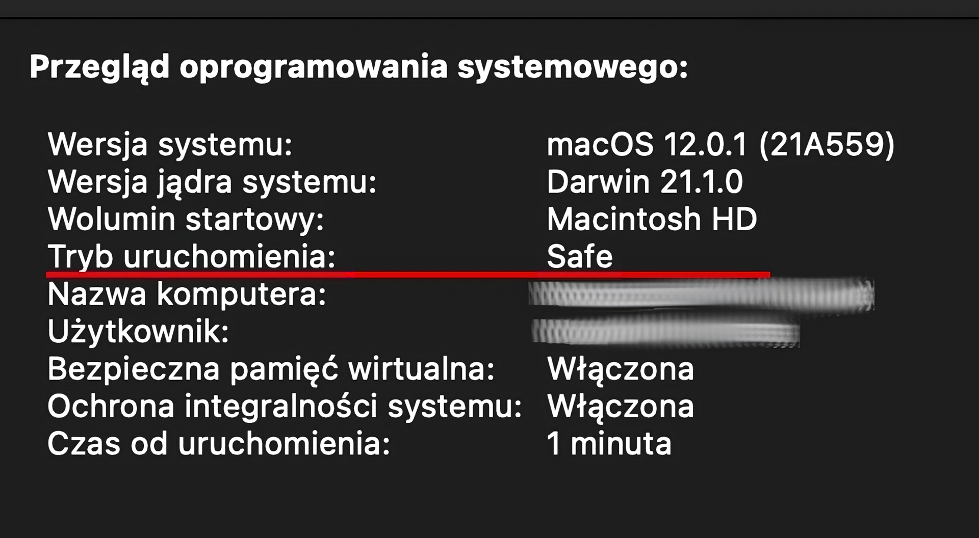 Tryb bezpieczny - MacOS Ilustracje przedstawia zrzut ekranu z przeglądu oprogramowania systemowego w MacOS Monterey. Tryb uruchomienia jest ustawiony na Safe (bezpieczny)