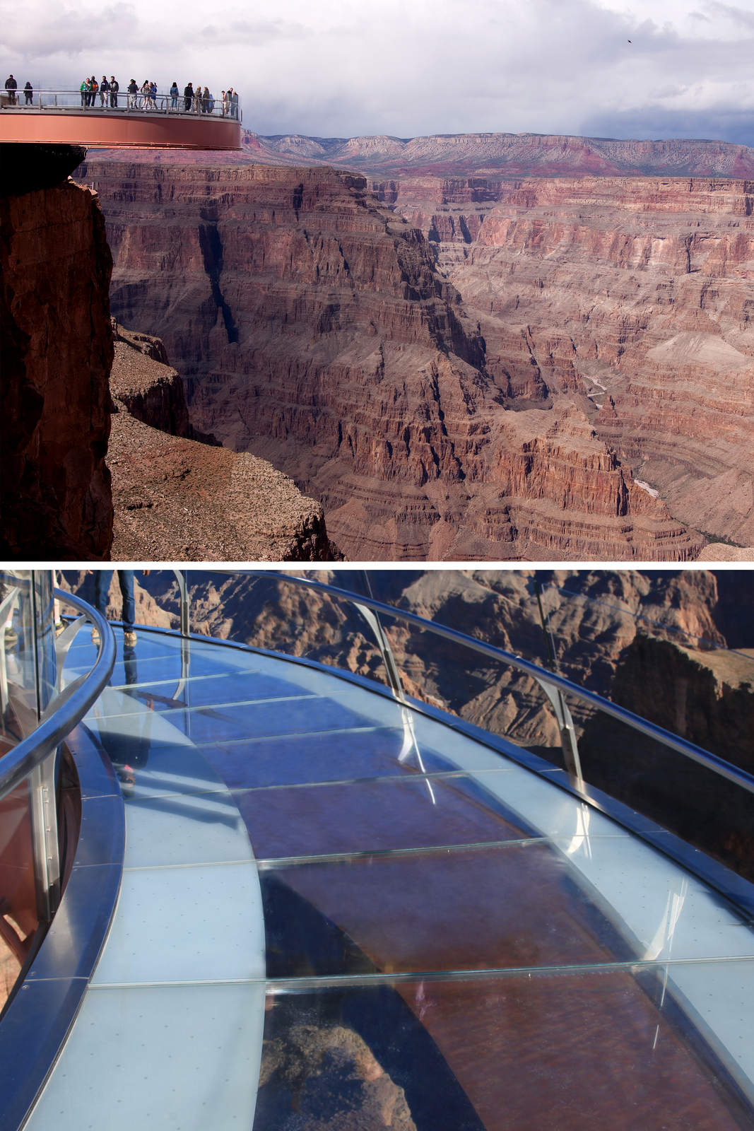 Szklana platforma nad Wielkim Kanionem Kolorado. Platforma znajduje się na szczycie pionowej skały. Na platformie ludzie. Przed nimi ogromny kanion - wysokie skały w licznymi wyróżniającymi się warstwami stromo opadają w dół. Szczyty skał płaskie. W dole widać meandrującą rzekę. Kolor skał ma różne odcienie brązu. Na kolejnym zdjęciu zbliżenie na przeszkloną podłogę platformy.