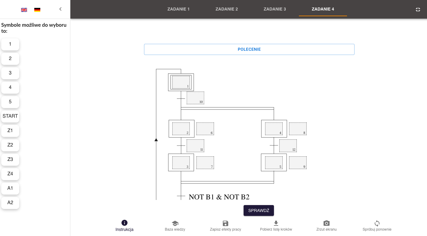 Przykładowy wygląd programu ćwiczeniowego do projektowania przez dobieranie. Na górze na pasku, w menu, można wybrać numer ćwiczenia, które wyświetli się poniżej. Po prawej stronie widoczne są symbole  do przeciągnięcia, które należy umieścić na grafice pod przyciskiem: Polecenie.