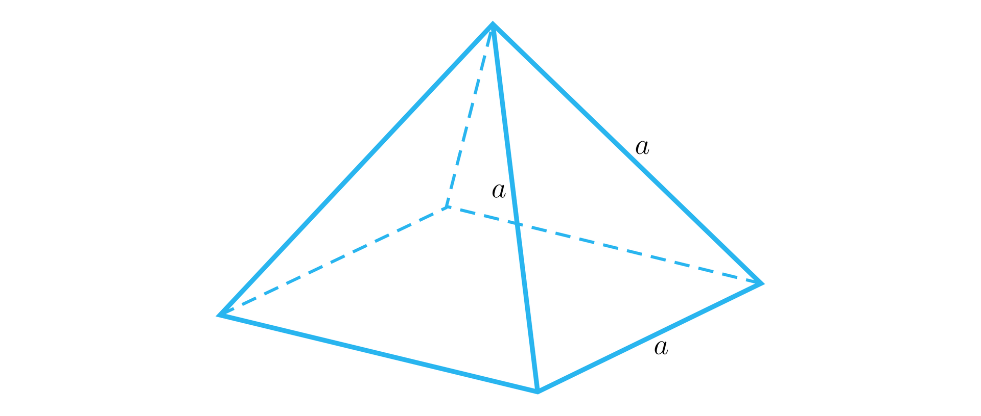 Rysunek przedstawia ostrosłup prawidłowy czworokątny, którego ścianą boczną jest trójkąt równoboczny o boku a. Podstawą bryły jest kwadrat o boku a.