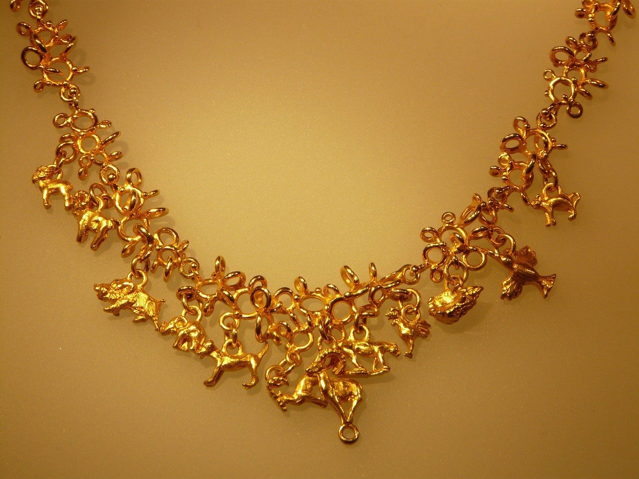 Zdjęcie przedstawia złoty naszyjnik ze znakami zodiaku. 