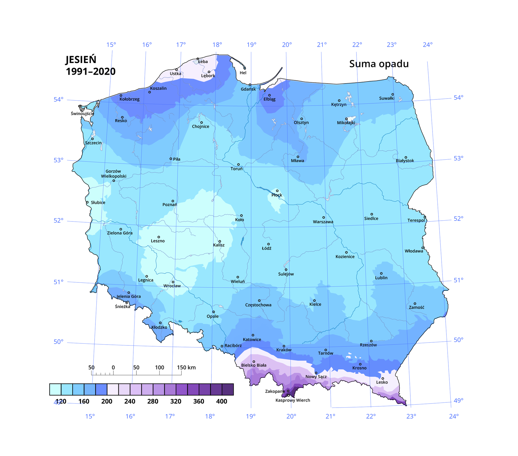 Mapa Polski przedstawiająca średnie roczne sumy opadów w milimetrach w latach 1991‑2020 jesienią. Wartości oznaczono kolorami, od jasnoniebieskiego dla najniższych (poniżej 120 mm) do fioletowego w przypadku najwyższych (powyżej 400). Najwyższe opady jesienne w Polsce były w górach i nad wybrzeżem, środek Polski cechował się sumą opadów o wysokości od 140 do 200 mm. Obszarem charakteryzującym się najniższą sumą opadów w jesieni był obszar pomiędzy Wrocławiem Lesznem, Poznaniem, Kołem i Kaliszem, obszar w okolicy Płocka oraz obszar na zachodzie kraju na wysokości Słubic. Na mapie jest siatka kartograficzna na której oznaczono wartości południków i równoleżników co jeden stopień. W lewym dolnym rogu znajduje się skala liniowa oraz skala barw.