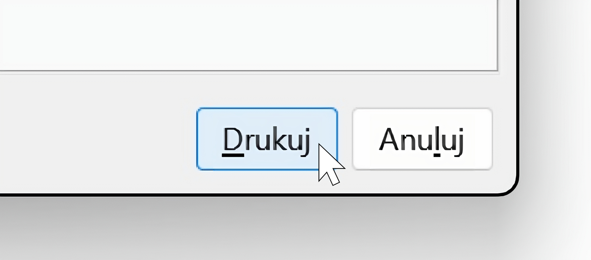 Zrzut ekranu przedstawia prawy dolny róg okna Drukuj. Kursor znajduje się nad przyciskiem Drukuj.