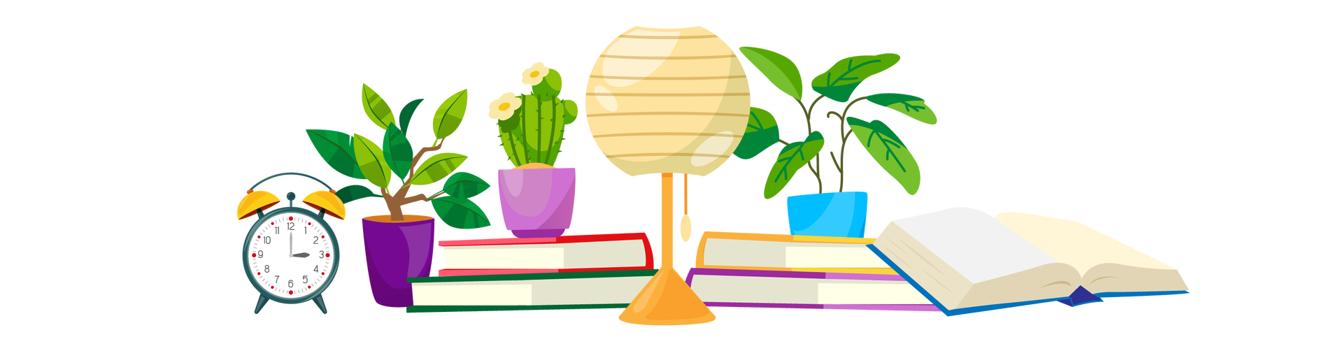 Ilustracja przedstawia kilka przedmiotów ustawionych obok siebie. Po lewej stronie jest granatowy budzik ze wskazówkami. Dalej stoi zielona roślina w ciemnofioletowej donicy. Obok są dwie książki ułożone jedna na drugiej. Pierwsza ma czerwoną okładkę, a druga ciemnozieloną. Na książkach stoi zielony kaktus w fioletowej donicy. Na środku ilustracji znajduje się beżowa lampa biurkowa o okrągłym kloszu. Dalej na prawo są kolejne dwie książki ułożone jedna na drugiej. Pierwsza ma żółtą okładkę, a druga fioletową. Za książkami stoi zielona roślina w niebieskiej donicy, a z prawej strony jest o nie oparta kolejna, otwarta książka. Ma ona ciemnoniebieską okładkę.