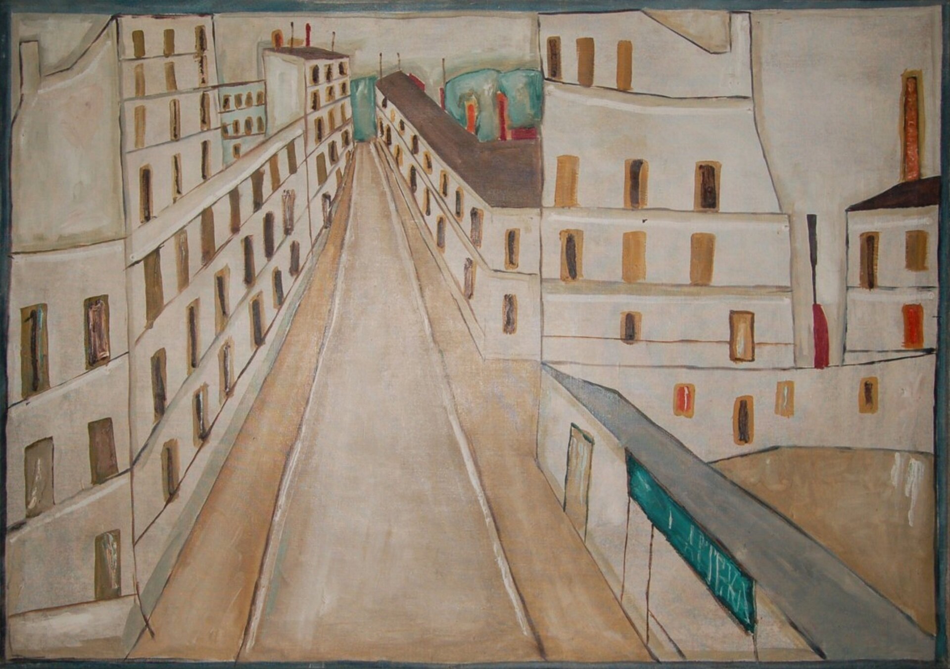 Jerzy Nowosielski, „Pejzaż łódzki” Obraz przedstawia miasto ukazane z perspektywy zbieżnej o podwyższonej linii horyzontu. W centrum znajduje się szeroka droga i jasne chodniki, a po obu stronach – rzędy kremowych budynków o ciemniejszych oknach oraz dachach. Po lewej stronie ukazano wysoki, kilkupiętrowy budynek, ciągnący się wzdłuż drogi. Naprzeciwko, po drugiej stronie, przedstawiono niższe budynki, z których jeden otoczony jest murem. Tło stanowi jasne niebo oraz zielone elementy przypominające drzewa, widoczne w oddali.