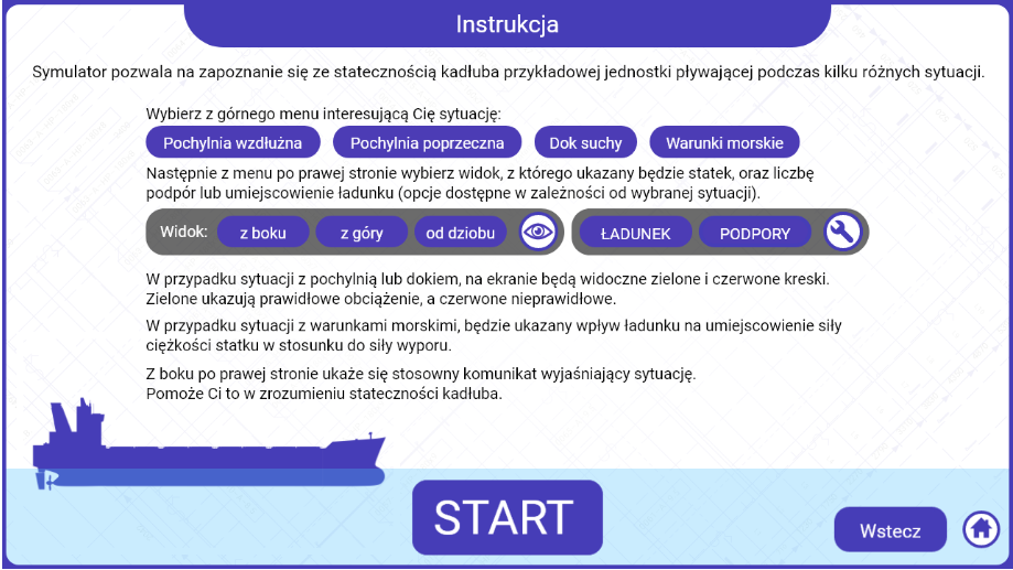 Grafika przedstawia ekran z przykładową instrukcją do symulatora. Brzmi ona: Symulator pozwala na zapoznanie się ze statecznością kadłuba przykładowej jednostki pływającej podczas kilku różnych sytuacji.
Wybierz z górnego menu interesującą Cię sytuację (pochylnia wzdłużna, pochylnia poprzeczna, dok suchy lub warunki morskie). Następnie z menu po prawej stronie wybierz widok, z którego ukazany będzie statek, oraz liczbę podpór lub umiejscowienie ładunku (opcje dostępne w zależności od wybranej sytuacji). 
W przypadku sytuacji z pochylnią lub dokiem na ekranie będą widoczne zielone i czerwone kreski. Zielone ukazują prawidłowe obciążenie, a czerwone nieprawidłowe.
W przypadku sytuacji z warunkami morskimi będzie ukazany wpływ ładunku na umiejscowienie siły ciężkości statku w stosunku do siły wyporu.
Z boku po prawej stronie ukaże się stosowny komunikat wyjaśniający sytuację. Pomoże Ci to w zrozumieniu stateczności kadłuba. Pod instrukcją widać przycisk start, a w dolnym prawym rogu ekranu przycisk wstecz i przycisk z domkiem, który umożliwia na powrót do ekranu startowego.