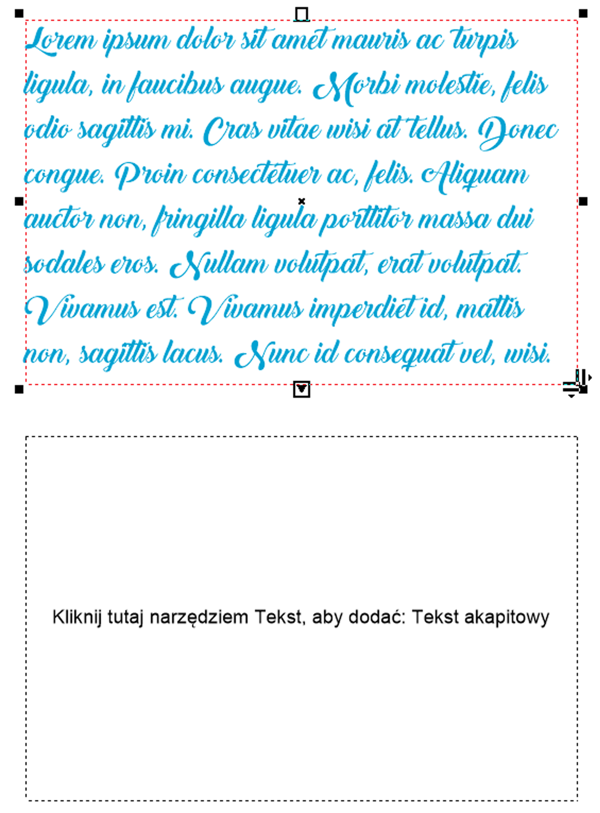 Zrzut ekranu przedstawia dwie ramki tekstowe.  Pierwsza wypełniona przykładowym tekstem, który na dolnej krawędzi posiada pogrubioną strzałkę.  Druga nie wypełniona tekstem, zawiera tylko napis: kliknij tutaj narzędziem Tekst, aby dodać: Tekst akapitowy.