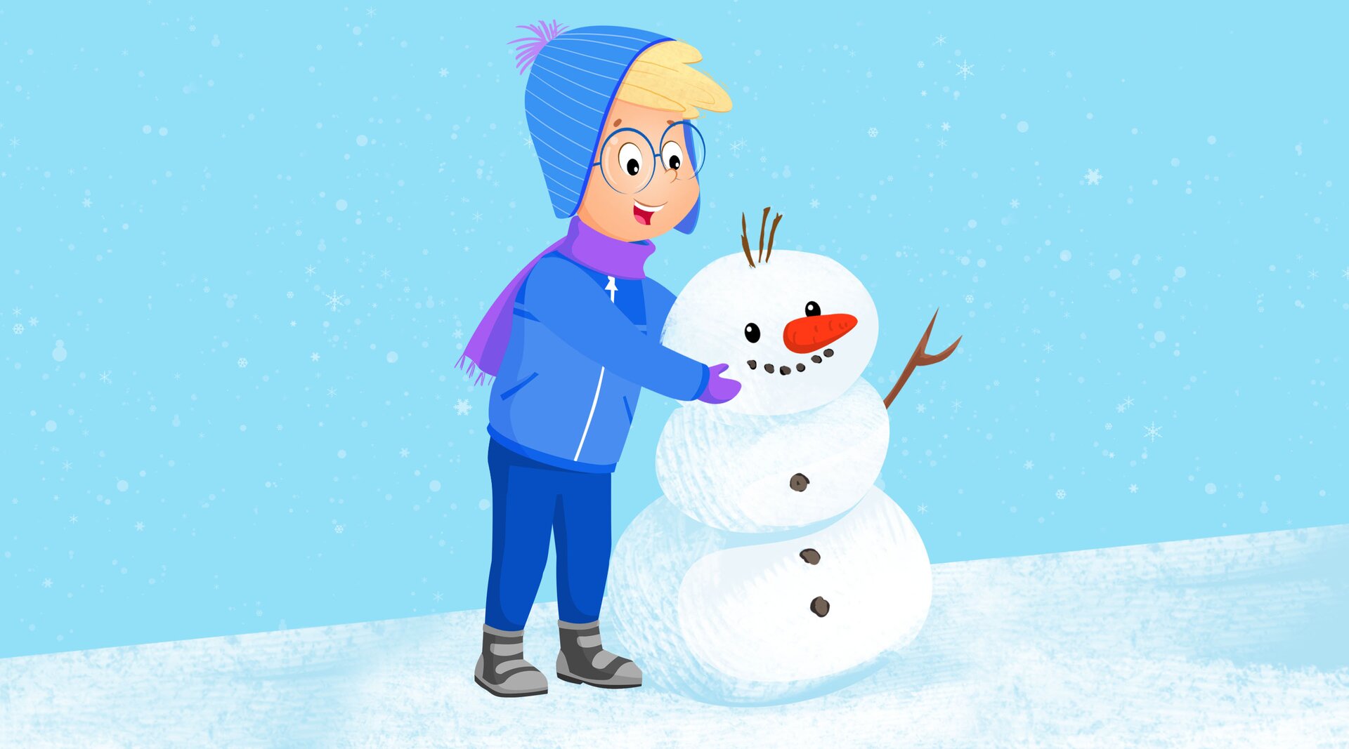 Na ilustracji znajduje się chłopiec lepiący bałwana.