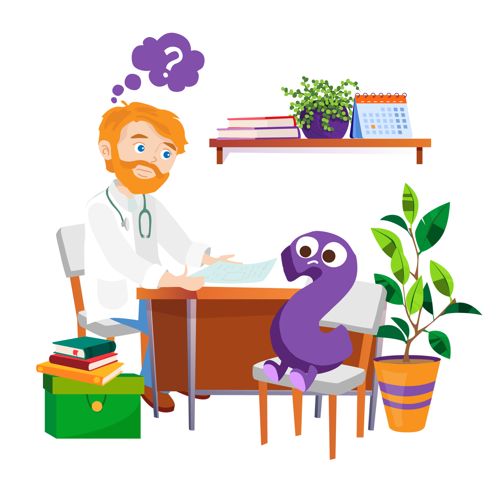 Ilustracja przedstawia gabinet lekarski. W tle widać brązową półkę wiszącą na ścianie. Na półce, od lewej strony, znajdują się: dwie książki, zielona roślina w fioletowej donicy i czerwono‑niebieski kalendarz biurkowy. W centralnej części ilustracji stoi brązowe biurko z biało‑brązowym krzesłem, na którym siedzi lekarz. Mężczyzna ma krótkie rude włosy, wąsy i krótką rudą brodę. Jest ubrany w biały fartuch lekarski, długie niebieskie spodnie i brązowe buty. Na szyi ma zawieszony stetoskop, czyli słuchawki lekarskie. W rękach trzyma kartkę z wynikami badań. Nad głową lekarza unosi się fioletowy dymek z białym znakiem zapytania na środku. Na lewo od biurka, na podłodze, stoi zielone pudełko z pokrywką. Na są trzy książki ułożone jedna na drugiej. Na prawo od biurka stoi duża zielona roślina w pomarańczowo‑fioletowej donicy. Obok biurka stoi drugie biało‑brązowe krzesło. Siedzi na nim fioletowa litera „S” ze smutnym wyrazem twarzy. Lekarz patrzy na literkę.
