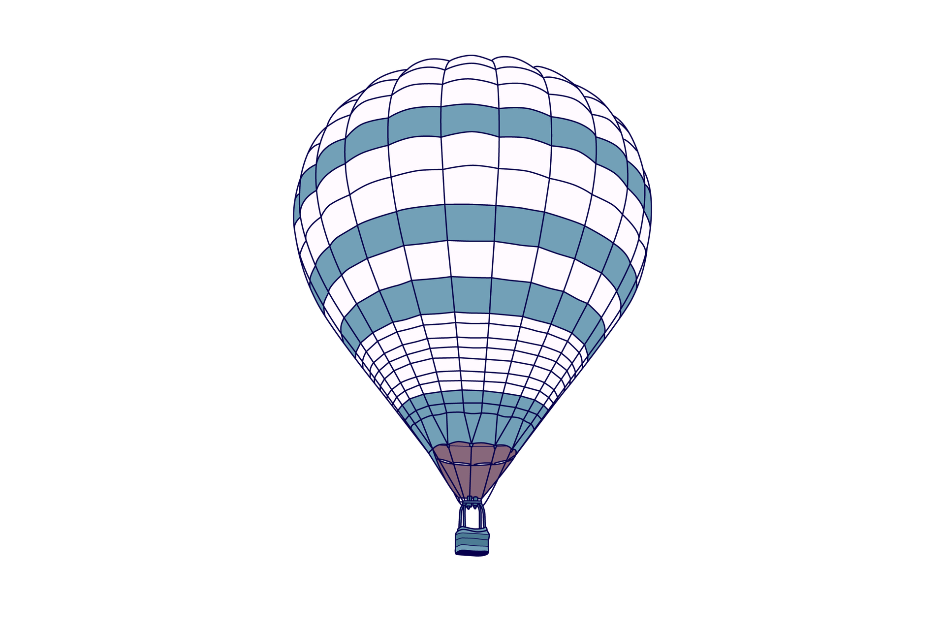 Ilustracja przedstawia balon na ogrzane powietrze. Pod otworem w dolnej części czaszy balonu zawieszony jest kosz dla pasażerów oraz urządzenie do ogrzewania powietrza wewnątrz czaszy.