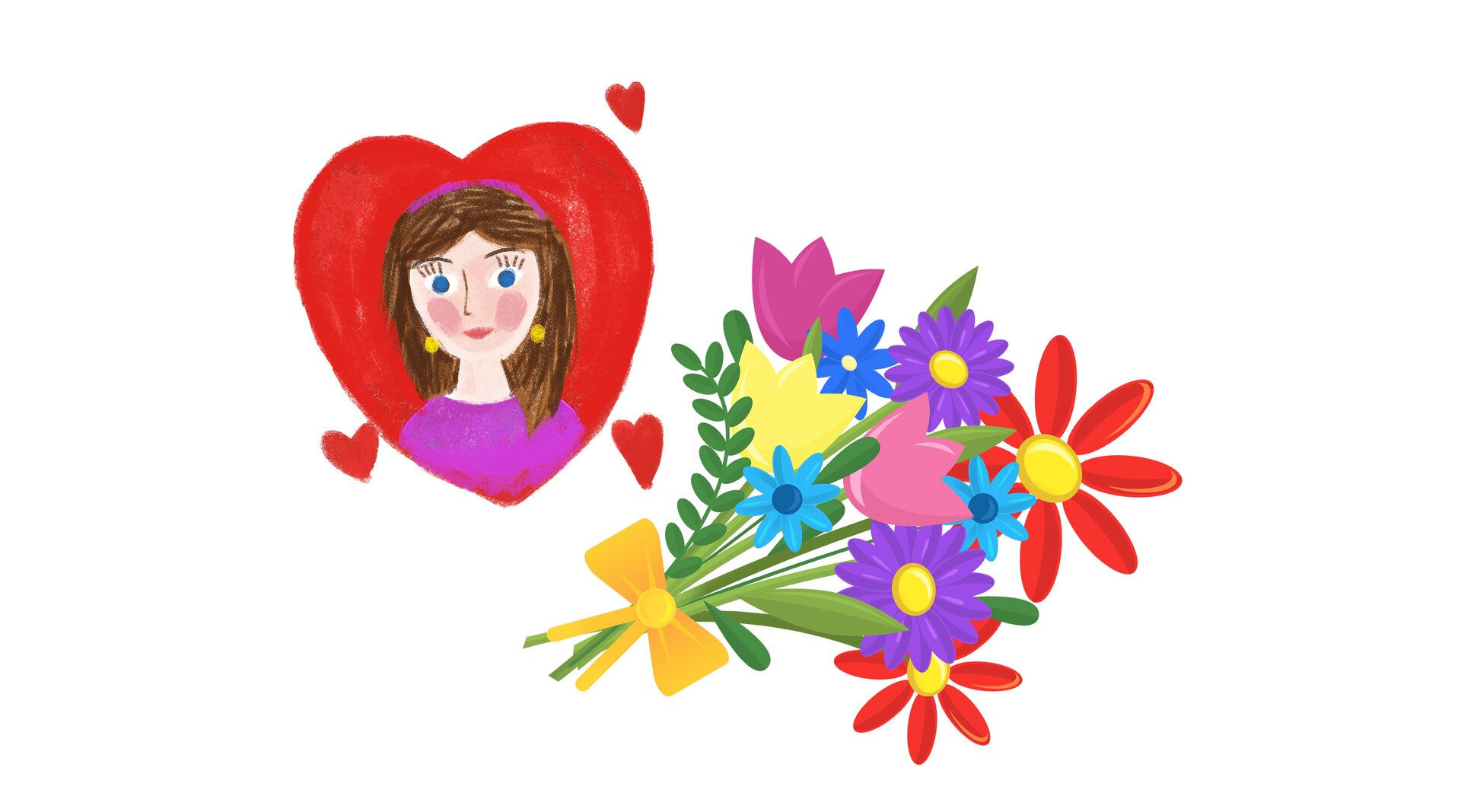 Ilustracja przedstawia laurkę na Dzień Matki. Zawiera podobiznę mamy narysowaną w serduszku oraz bukiet kwiatów.