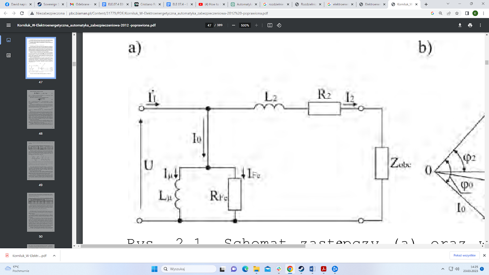 Rys. 5.7. Schemat zastępczy prądów i napięć przekładnika prądowego indukcyjnego: Ib - prąd znamionowy wkładki bezpiecznikowej; Ih - prąd hamujący; Ik - prąd wyrównawczy; Inl - dopuszczalna wartość prądu obciążenia linii; Int - prąd znamionowy transformatora; Ir - prąd rozruchu zabezpieczenia; Iz - prąd zwarcia; L - indukcyjność; R - rezystancja; U - napięcie; Zobc - impedancja obciążenia zespolona