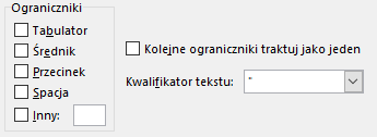 Ilustracja przedstawia fragment okna programu  Microsoft Excel  zatytułowanego: Ograniczniki. W oknie znajdują się opcje do zaznaczenia: Tabulator, Średnik, Przecinek, Spacja, Inny oraz Kolejne ograniczniki traktuj jako jeden. Niżej znajduje się okienko z opcją do zaznaczenia: Kwalifikator tekstu: znak apostrof w formie graficznej. 