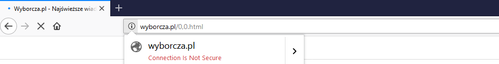 Zrzut ekranu przedstawia fragment paska przeglądarki w połączeniem nieszyfrowanym,  informacja pod adresem Connection is not Secure.