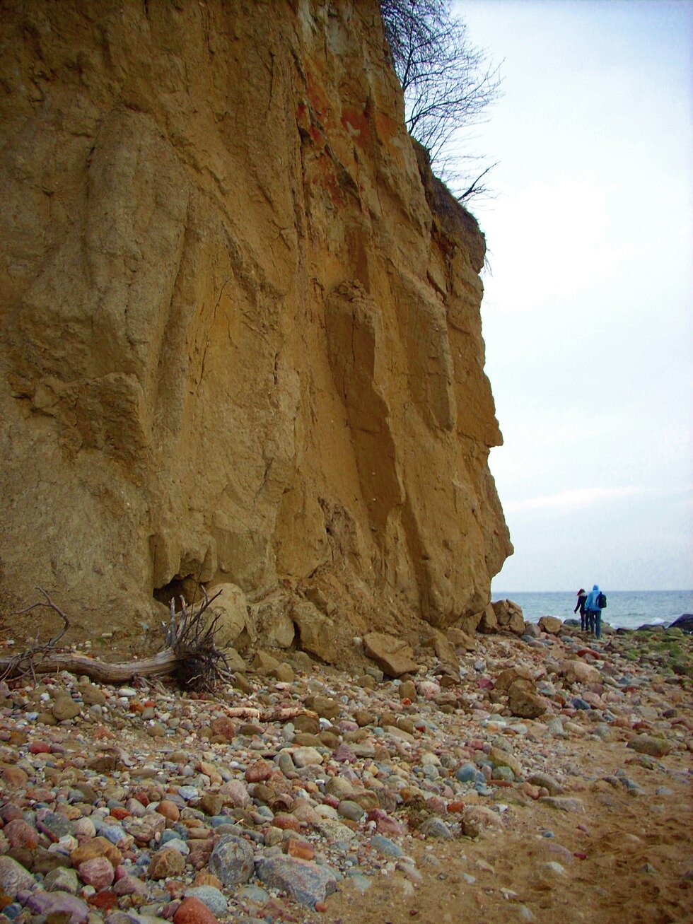 Na zdjęciu nadmorski klif. Wysoka, bardzo stroma ściana skalna. U jej podstawy oderwane fragmenty ściany, kamienie.