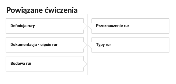 Zdjęcie przedstawia przykładowy wygląd zakładek zawierających interaktywne materiały sprawdzające. Składają się one z prostokątnych paneli umieszczonych jeden pod drugim. Każdy panel posiada tytuł, który nawiązuje do zawartego w nim zadania.