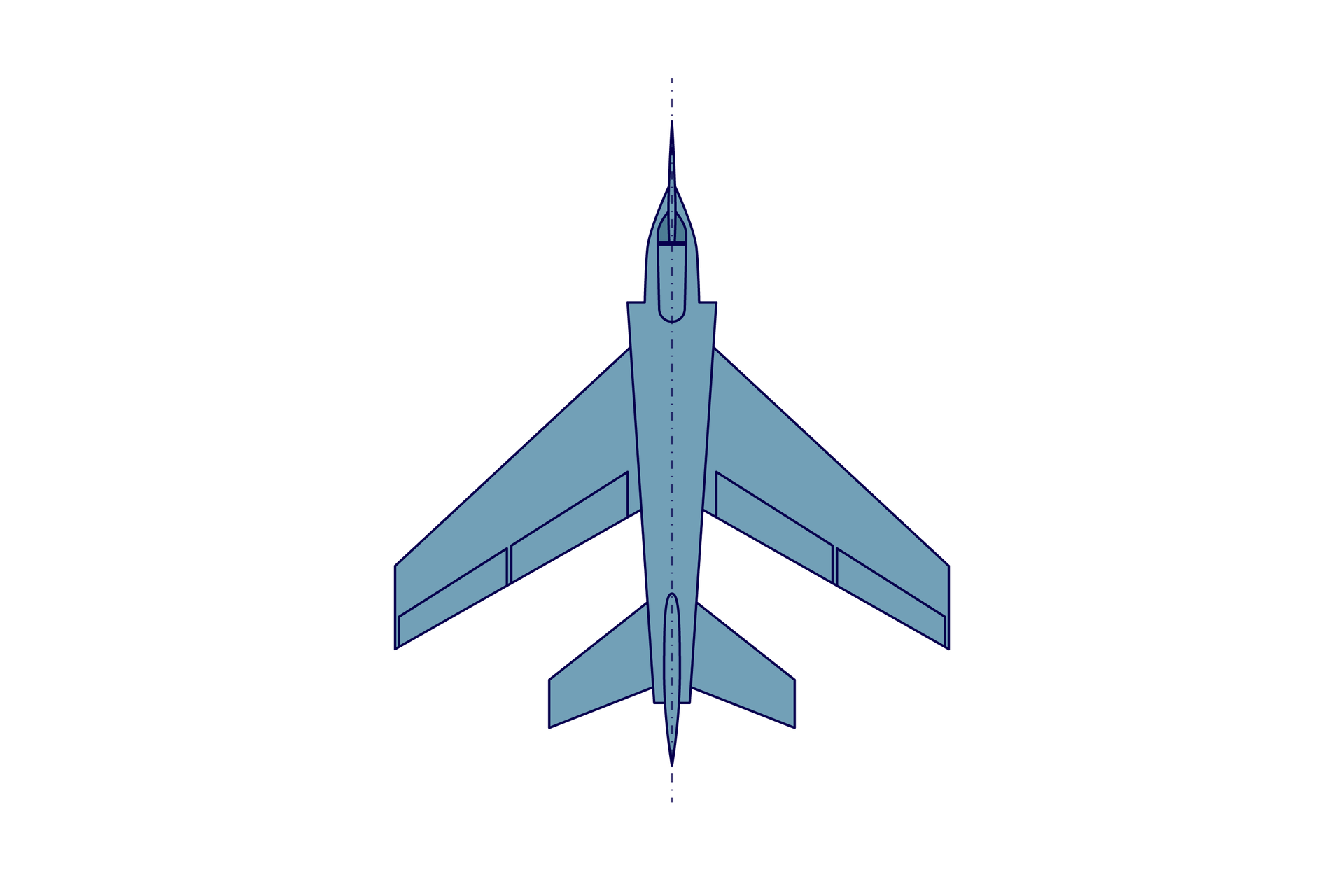 Ilustracja przedstawia samolot ze skrzydłami skośnymi. Skrzydła oraz stateczniki poziome tego samolotu są wygięte w tył w taki sposób, aby zminimalizować siłę oporu czołowego.