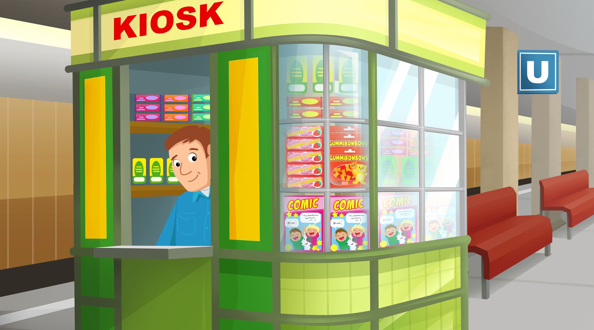Ilustracja przedstawia kiosk na peronie metra. W witrynie ustawione są komiksy i słodycze. W środku siedzi kioskarz. 
