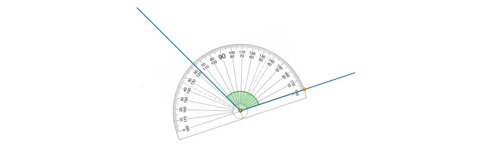 Na rysunku przedstawiony jest kąt oraz kątomierz. Kątomierz jest dołożony do kata, dzięki czemu można odczytać miarę kata - 96°.